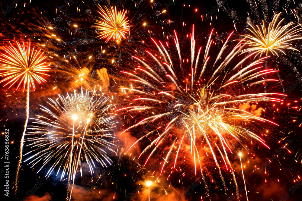 A large colorful fireworks celebration at night, festival or holiday event pyrotechnics display