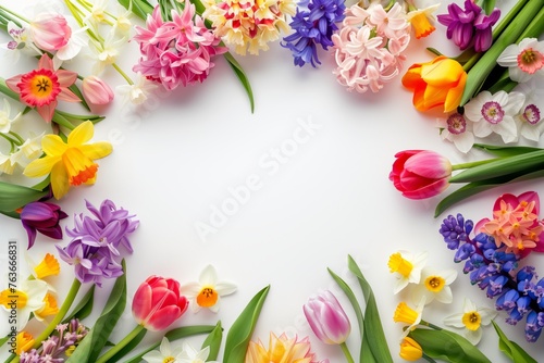 A variety of colorful flowers, including magenta petals, are creatively arranged in a circle on a white background, showcasing the art of botany