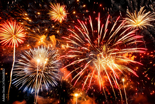A large colorful fireworks celebration at night, festival or holiday event pyrotechnics display