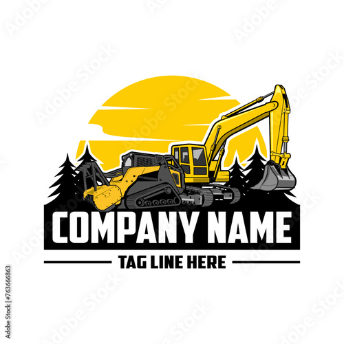  Skid steer loader, mulching machine illustration, Land Clearing Mulcher vector art, excavator company  logo vector image