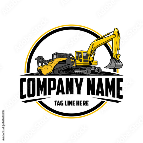  Skid steer loader, mulching machine illustration, Land Clearing Mulcher vector art, excavator company  logo vector image