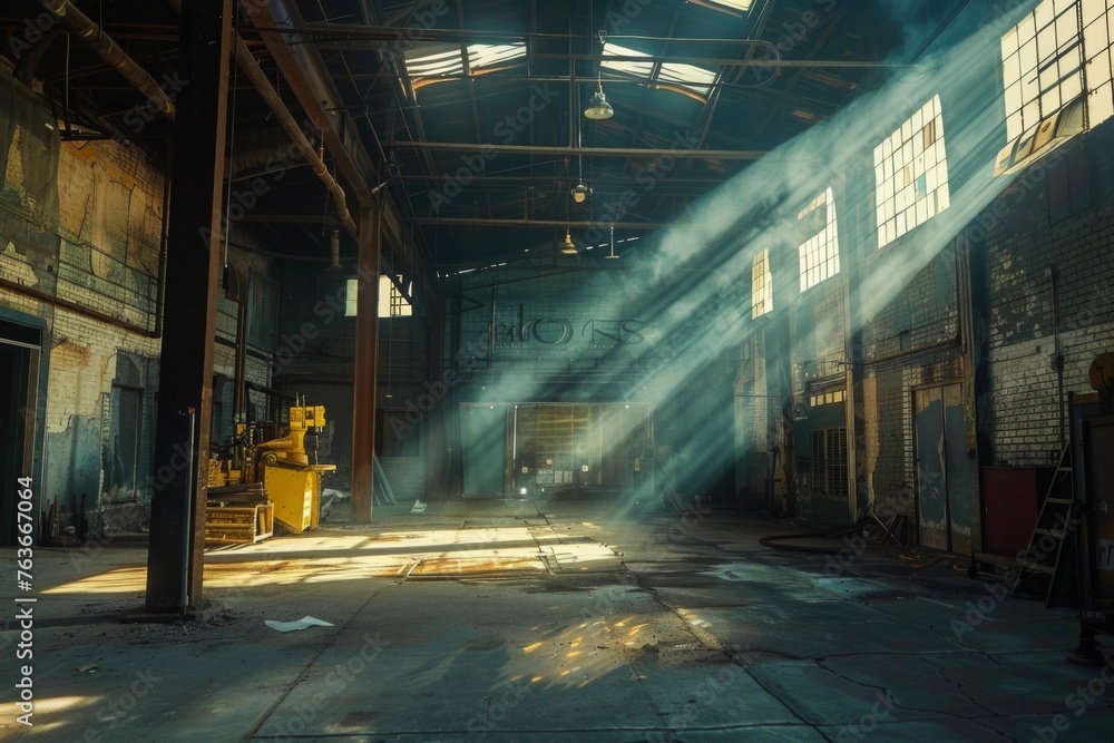 Fototapeta premium Abandoned industrial hall with radiant sunbeams - Deserted warehouse interior bathed in sunlight streaming through windows creating a moody atmosphere
