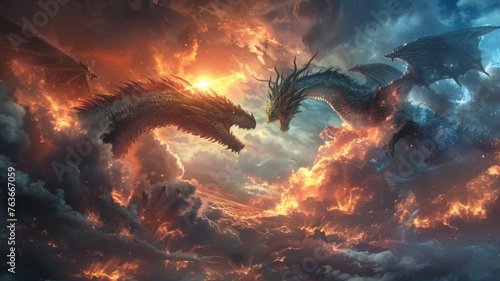 Epic battle of two dragons in a fiery sky - Two fierce dragons locked in a combat with their claws and teeth, surrounded by a tumultuous, fiery sky at sunset