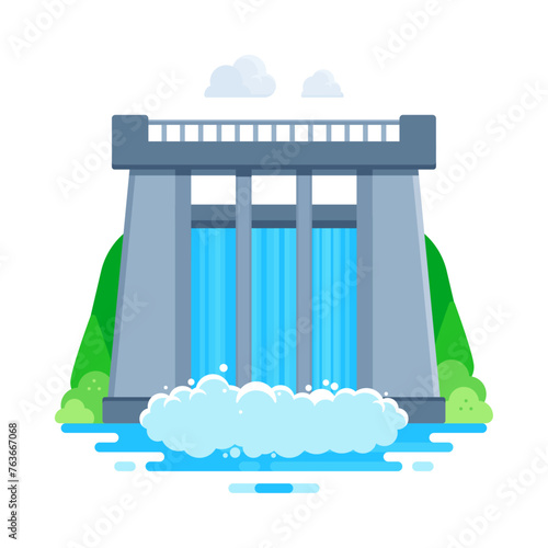 A hydroelectric dam in flat vector illustration style isolated on white background, representing the concepts of renewable energy and sustainable power generation through hydropower technology