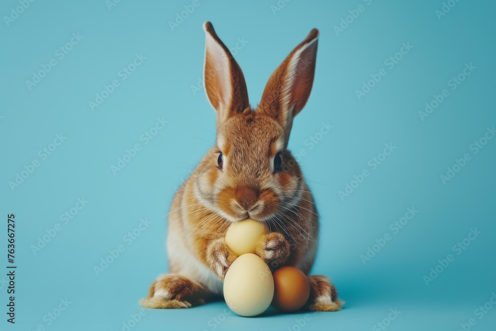 Fototapeta premium Brown bunny with assorted eggs on blue backdrop - Brown bunny with a collection of eggs suggesting Easter's merriment and variety in a tranquil blue setting