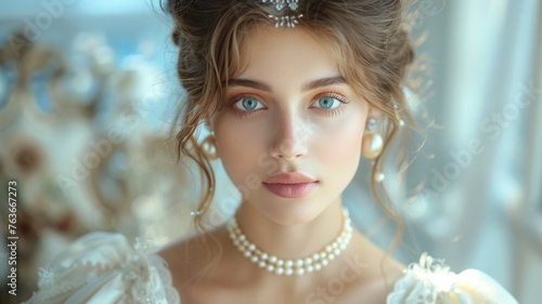 Bride with pearls and ethereal beauty - An ethereal bride in a white gown adorned with pearls, showcasing bridal beauty and elegance