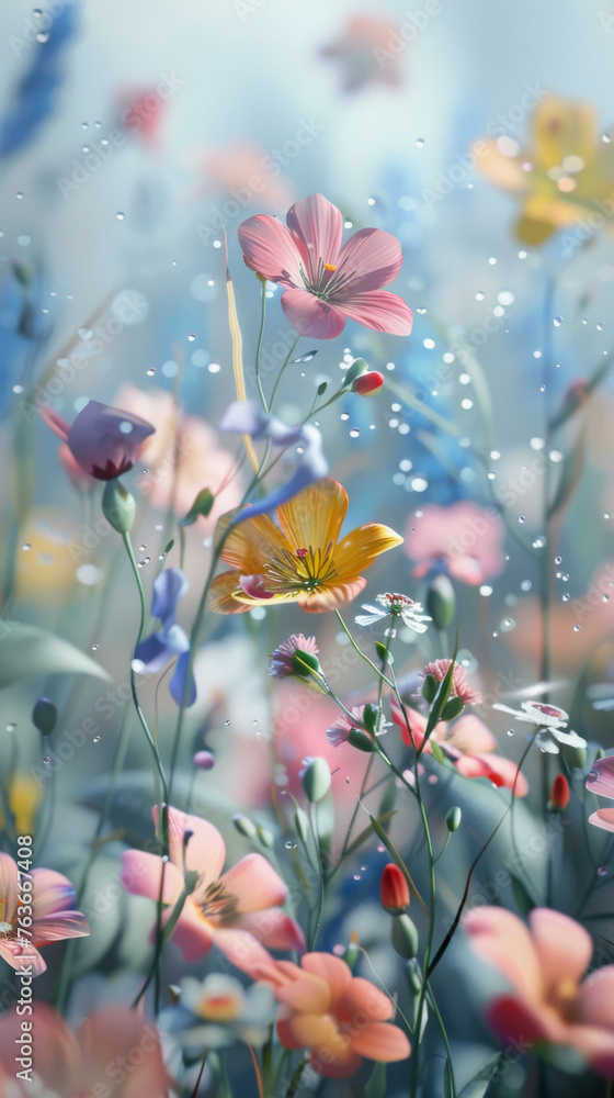 Colorful field of flowers with soft raindrops - Lush, vivid field of colorful flowers gently dotted with raindrops against a blurred, dreamlike blue background