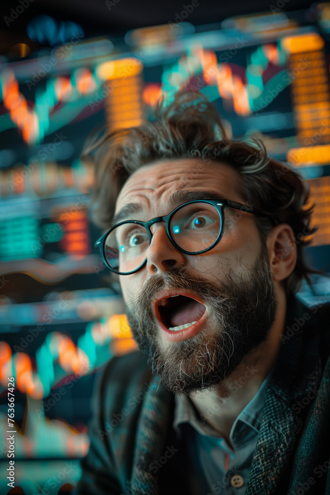 A terrified trader on the background of charts