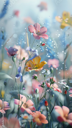 Colorful field of flowers with soft raindrops - Lush, vivid field of colorful flowers gently dotted with raindrops against a blurred, dreamlike blue background