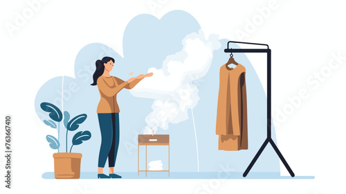 Woman smoothes hanging clothing using steamer flat