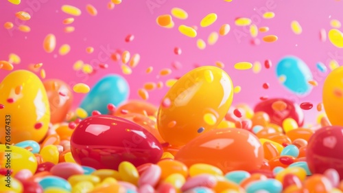 Colorful jelly beans raining on pink backdrop - Close-up image capturing bright yellow and red jelly beans as they cascade down on a vivid pink background, symbolizing celebration photo