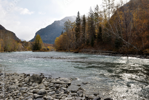 Panoramic shot of a rocky bank of a stormy river flowing down from the mountains on a sunny autumn morning.