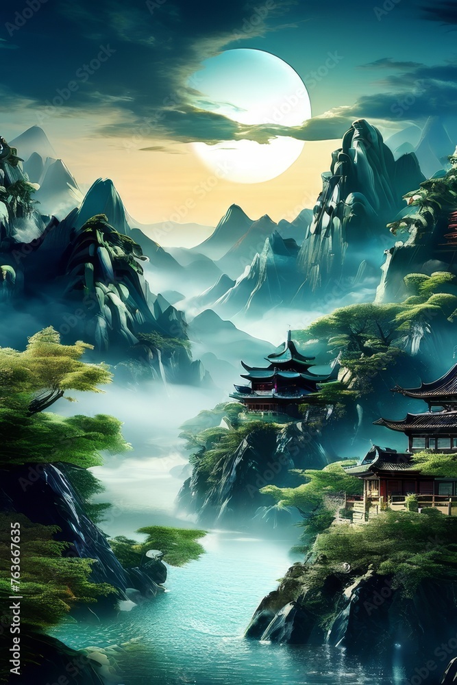 Green Chinese dragon on backdrop of picturesque mountain view