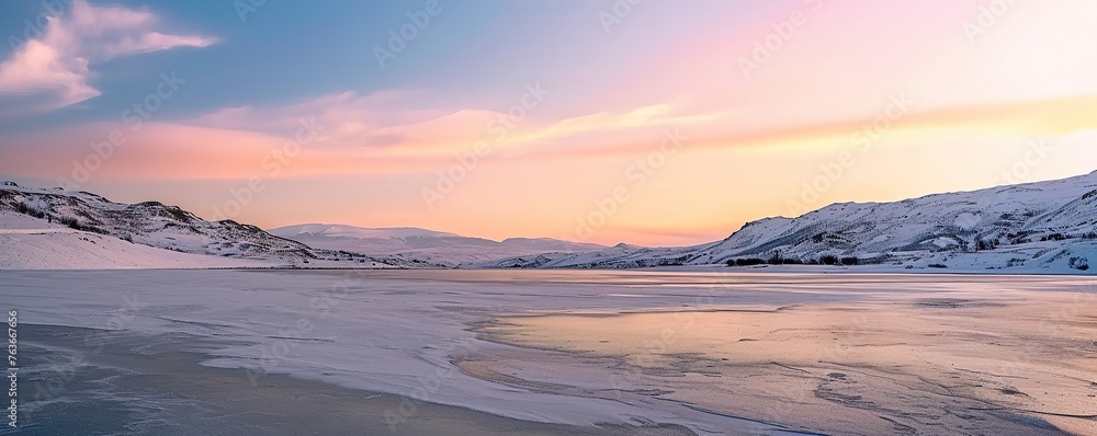 View of a frozen lake with mountains in the background in winter