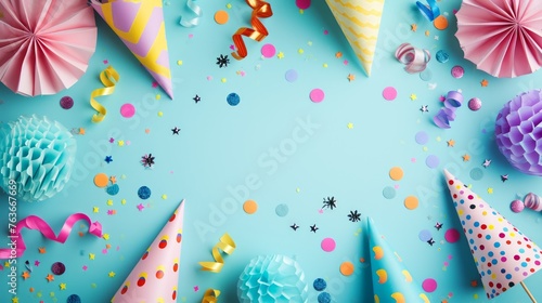 copy space in center, Birthday party background with party hats and a little streamers