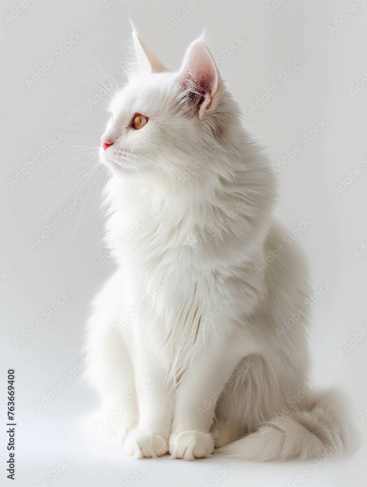 Evoke elegance and grace with this photo of a white-haired cat against a pristine white backdrop. Realistic details enhanced with AI generative technology.