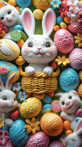 Experience a cheerful, 3D Easter pattern with vividly dyed eggs, cute bunnies, baskets of treats, jelly beans, and fluffy peeps. AI generative techniques enhance the festive scene. © น้ำฝน สามารถ