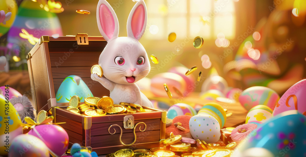  This 3D game art scene features vibrant eggs and bunnies in the background, offering the perfect setting for a hidden object game. AI generative enhancements bring the illustration to life. - obrazy, fototapety, plakaty 