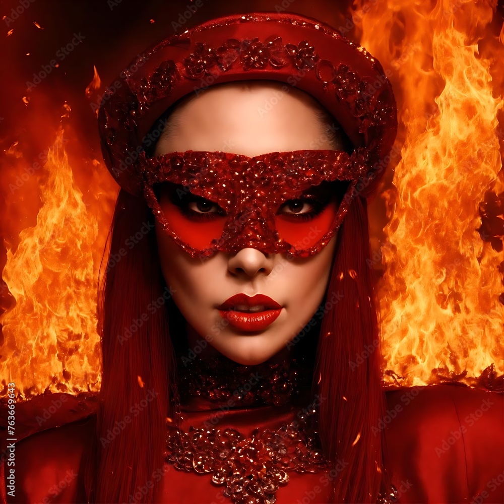 Portrait of a beautiful woman in red carnival mask over fire background.