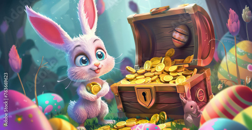 Embark on an Easter adventure with a charming cartoon bunny and an open treasure chest overflowing with golden coins.  AI generative technology adds depth to the illustration photo
