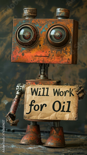 A cute robot crafted from rusted metal, featuring big eyes and detailed texture, against a clean background with dark colors. It holds a paper sign reading 'Will Work for Oil.' AI generative. photo