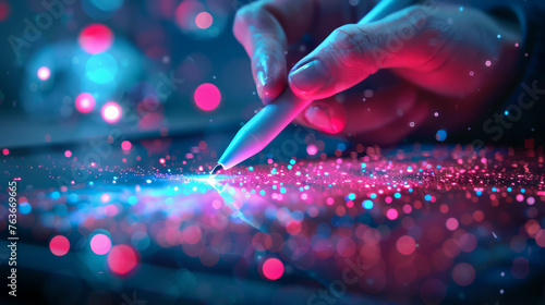 Step into a minimalist workspace where creativity meets precision. This close-up image captures the dynamic interaction between pen and tablet, illuminated by bright studio lighting. AI generative.