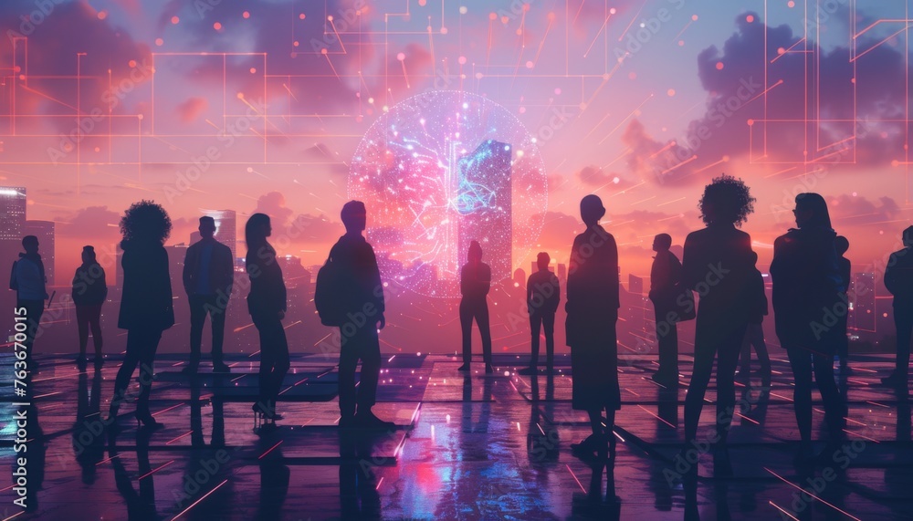 Futuristic humans observing digital sphere - A group of people observing a complex digital sphere in a futuristic setting, representing innovation and technology