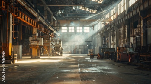 Golden sunlight shining through factory windows - Sunlight streams into a large factory hall, highlighting dust particles and providing a sense of tranquillity