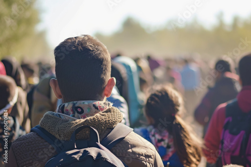 A crowd of refugees crosses the border. Backdrop with selective focus and copy space photo