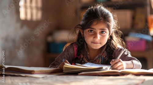 education and school concept - little student girl studying at school photo