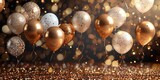 Luxurious golden balloons on sparkling background - Glittering golden balloons with sequins and confetti against a dark backdrop, conveys celebration and luxury
