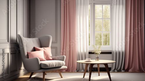 A gray armchair with a pink cushion sits in a living room with a large window and a small table with a vase of flowers on it. © HecoPhoto