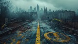 Path through a deserted urban landscape - A post-apocalyptic scene featuring a path leading through a deserted urban landscape with overcast sky