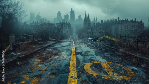 Path through a deserted urban landscape - A post-apocalyptic scene featuring a path leading through a deserted urban landscape with overcast sky photo