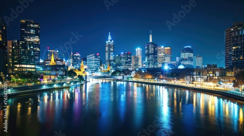 A panoramic view of a bustling city skyline at night, illuminated by thousands of lights. 