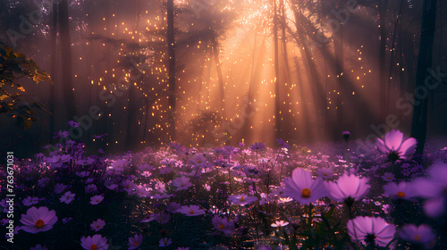 Sunrise peeks through a misty forest, casting golden rays over a carpet of wild purple flowers. 
