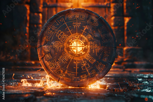 An intricately carved rune shield emanates an ethereal glow, surrounded by fiery sparks and embers.
