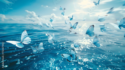 A serene scene of delicate blue butterflies fluttering above sparkling sea water under a clear sky. 