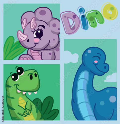 dinosaur banner set, children's illustration of t-rex, triceraptops and long neck, cartoon dinosaur banner © jose