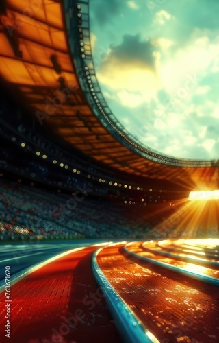 Running Track in the sunset. Olympic Games. Free Space. Copy Space. Stadium