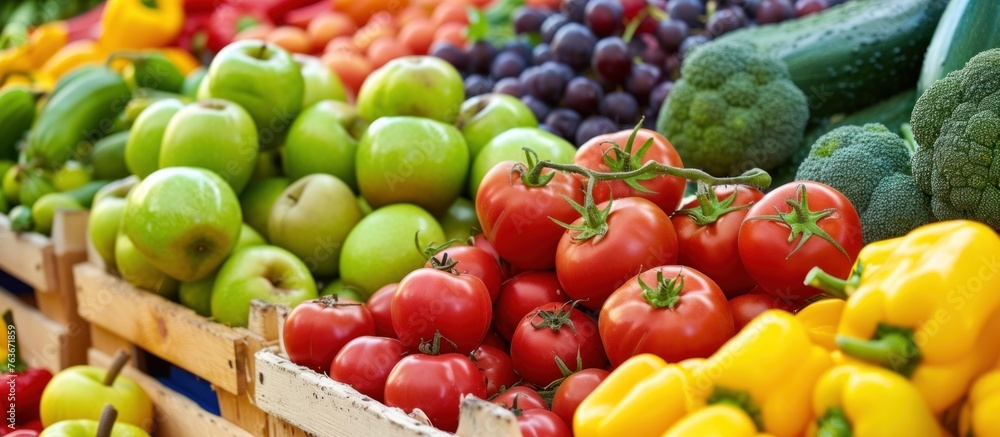 Background of a variety of fresh fruit and vegetables. Diet and healthy food menu