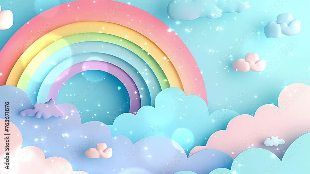 pastel colors rainbow and clouds on a light blue sky background. paper illustration. seamless looping overlay 4k virtual video animation background pastel colors rainbow and clouds on a light blue sky background. paper illustration. seamless looping overlay 4k virtual video animation background