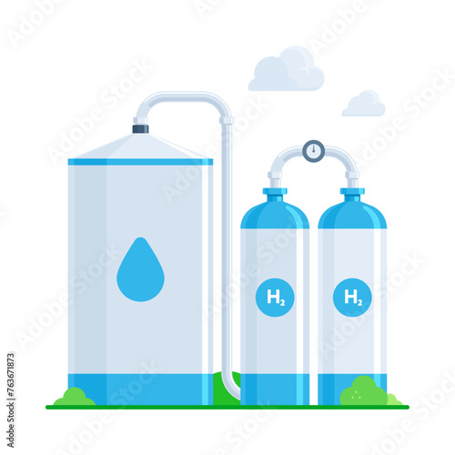 A hydrogen production and storage facility in flat vector illustration style isolated on white background, representing the concepts of renewable energy and hydrogen fuel technology