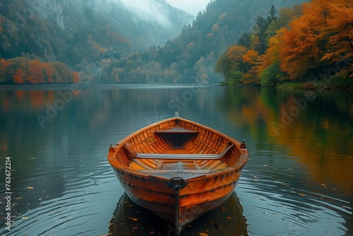 A watercraft made of wood is peacefully floating on the serene lake, surrounded by towering mountains and lush green trees in the natural landscape © RichWolf