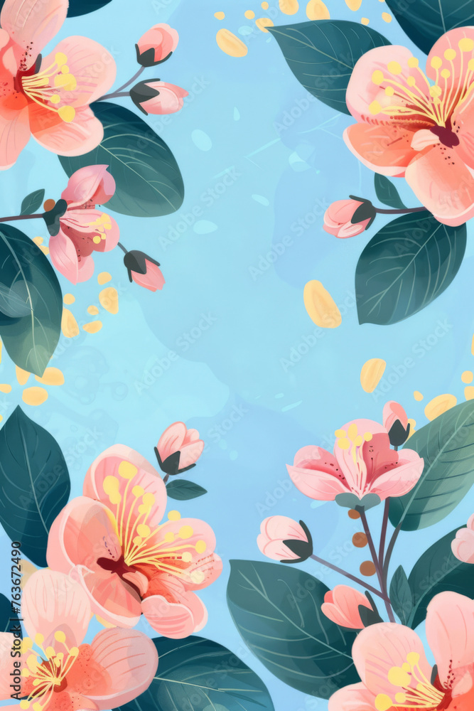 Fototapeta premium Pink blossoms illustration on turquoise background - A captivating illustration of pink blossoms and rich foliage presented on a refreshing turquoise backdrop ideal for various creative projects