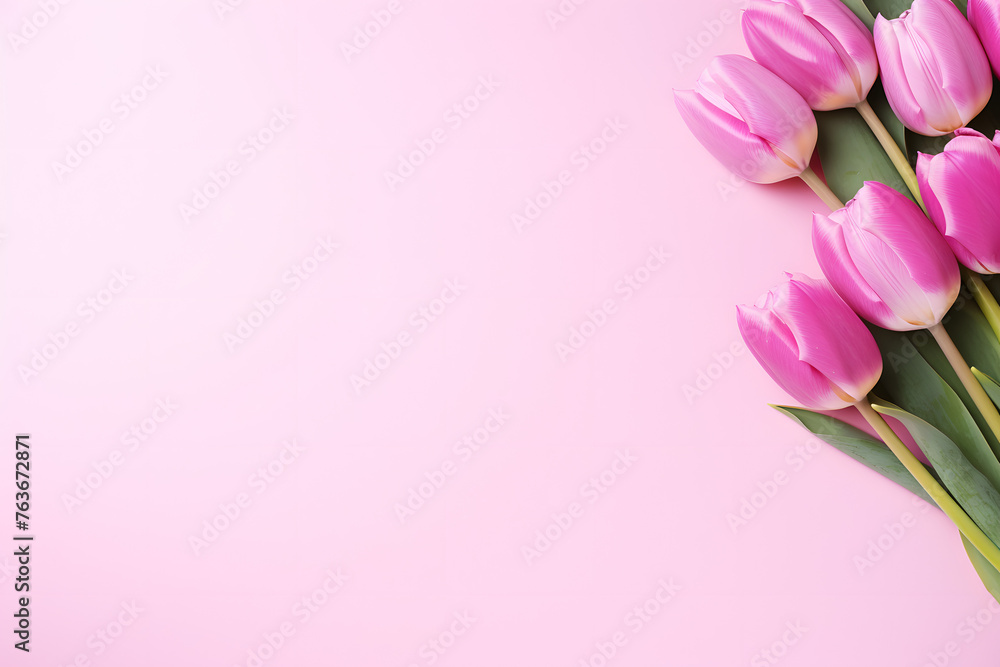 Fototapeta premium Pink tulips on a pink background, spring copy space for text, Generative Ai 