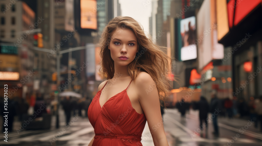 Outdoor portrait of a fashion model in a red dress and standing in the middle of a busy downtown street.