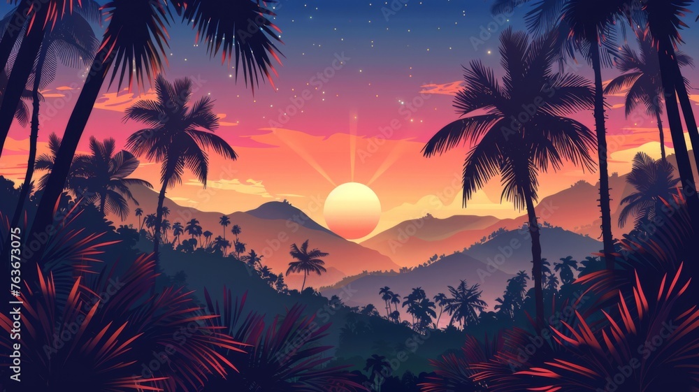 Tropical sunset with silhouette of palm trees - An enchanting tropical landscape featuring silhouetted palm trees against a vibrant sunset sky filled with hues of pink and purple