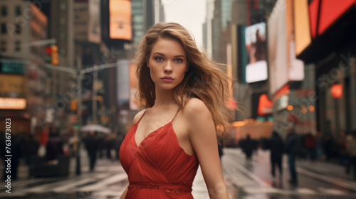 Outdoor portrait of a fashion model in a red dress and standing in the middle of a busy downtown street.