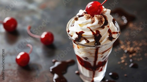 A delicious ice cream sundae with a cherry on top photo